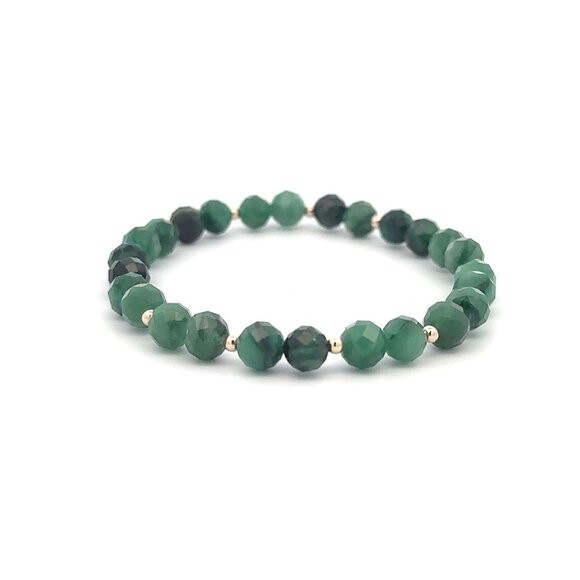 Emerald Micro Faceted  Gemstone Beaded Stretch Bracelet 14K Gold Accent Beads - Picture 1 of 8